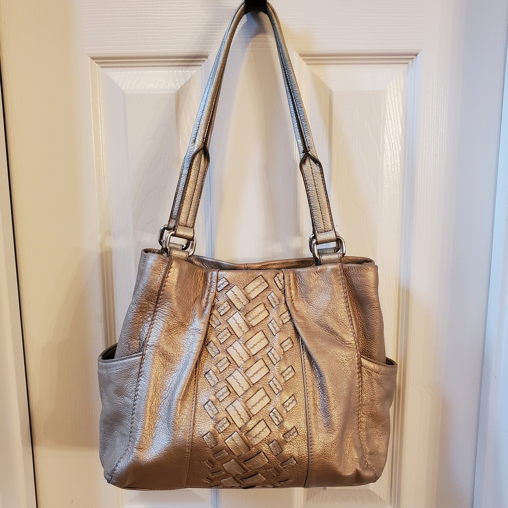 Tignanello Metallic Gold Leather Woven Shoulder Bag